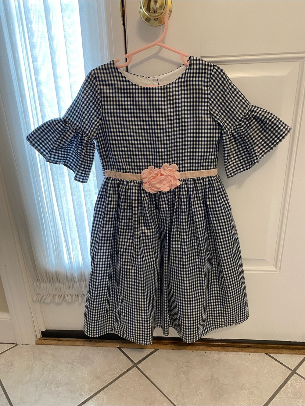 Laura Ashley Black Gingham Dress with Pink Floral Belt Accent